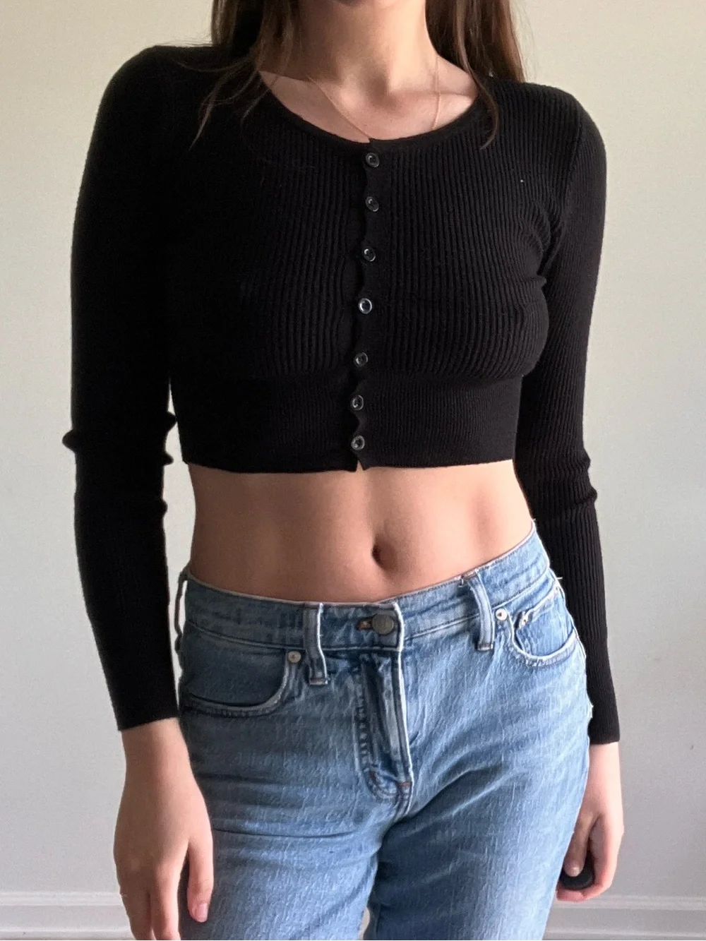 H&M Black Ribbed Button-Front Cropped Long-Sleeve Top